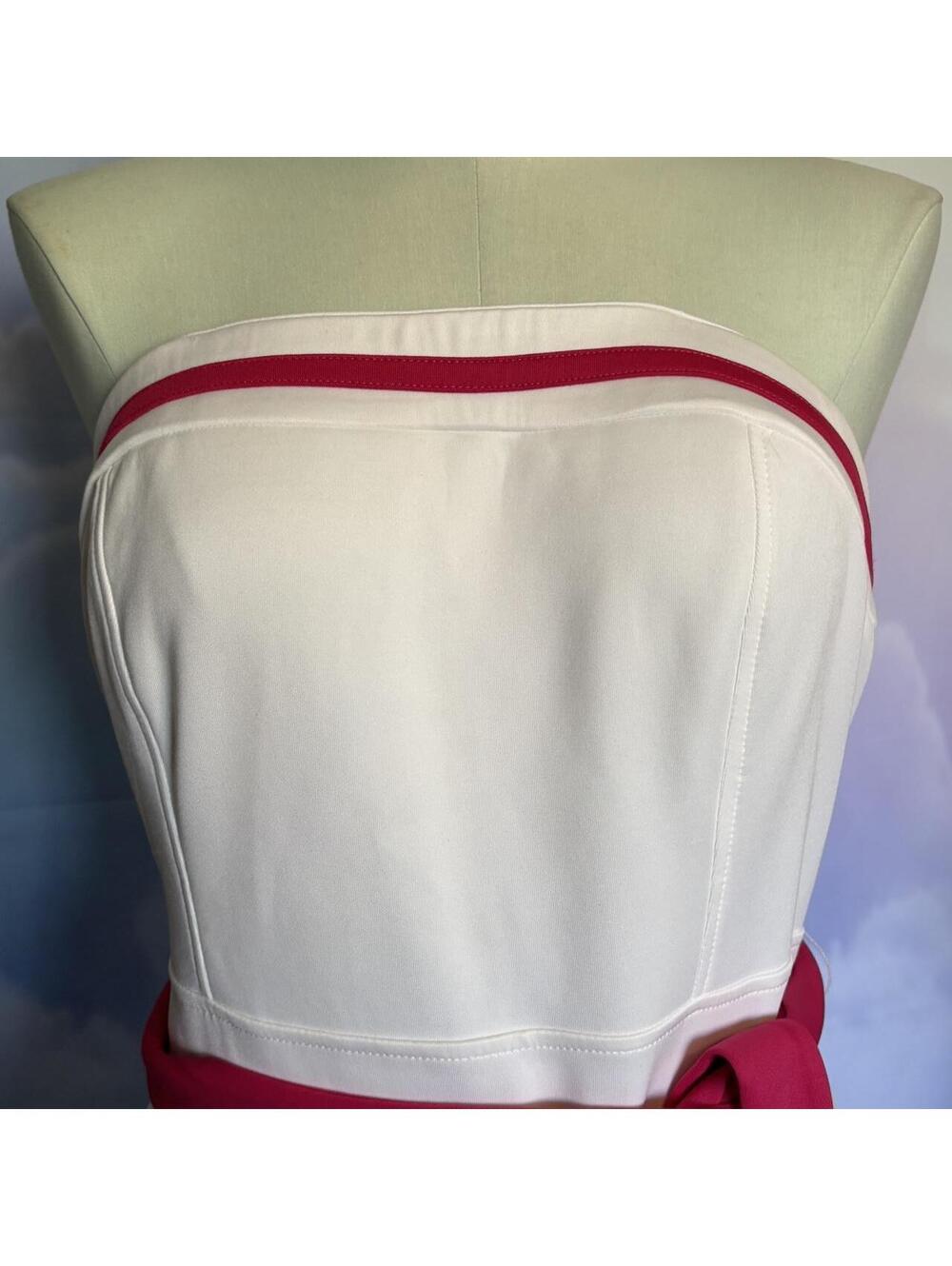 Strapless White Dress with Pink Waist Tie and Hem Accent - Picture 4 of 8